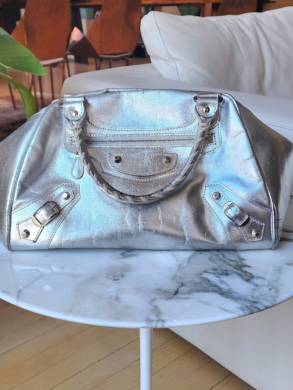 Balenciaga 2009 Metallic Silver Bowling PM Bag With Braided Handles Y2K - Picture 2 of 16